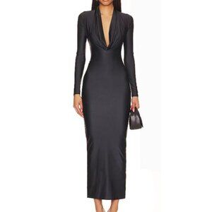 Good American Women's Dress Deep Cowl Front Maxi Jersey Zip Slit Black Small